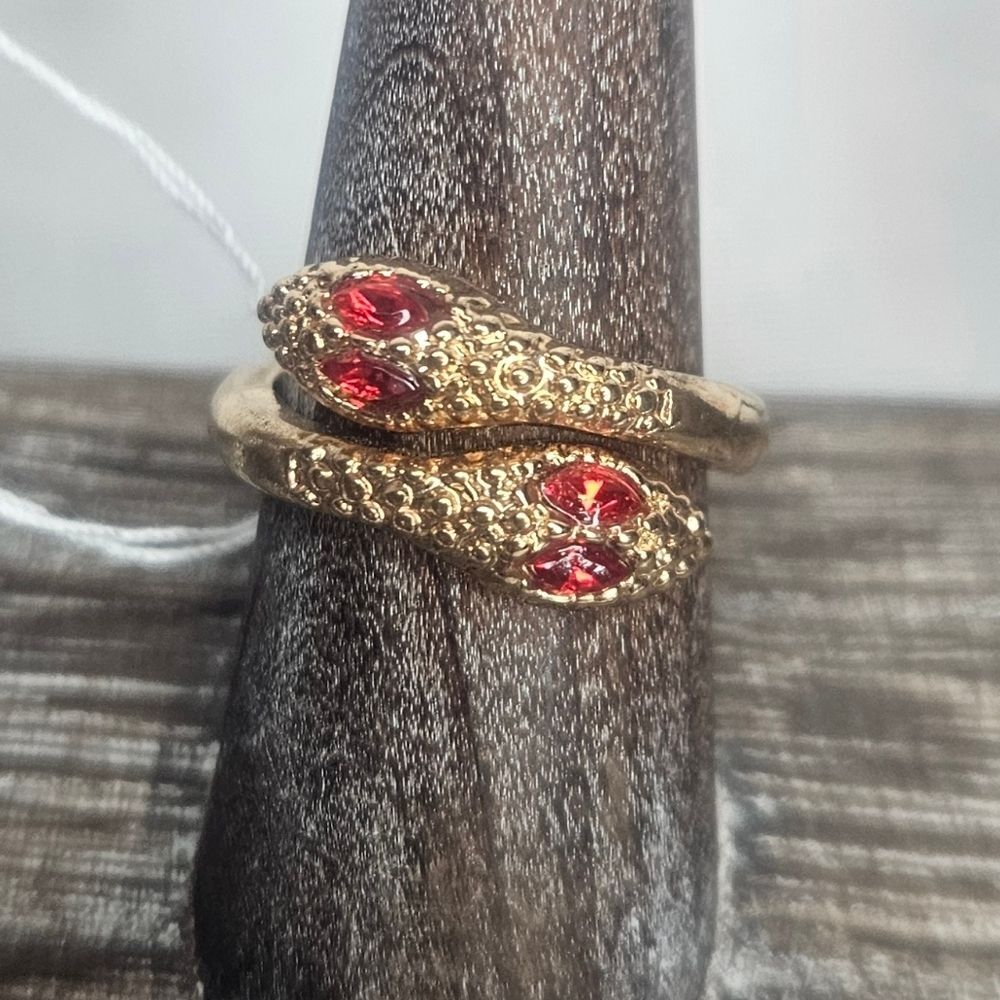 NWOT Gold Snake Ring Sz 8 Serpent Coiled Bypass Ruby Red Rhinestone Eyes Gothic